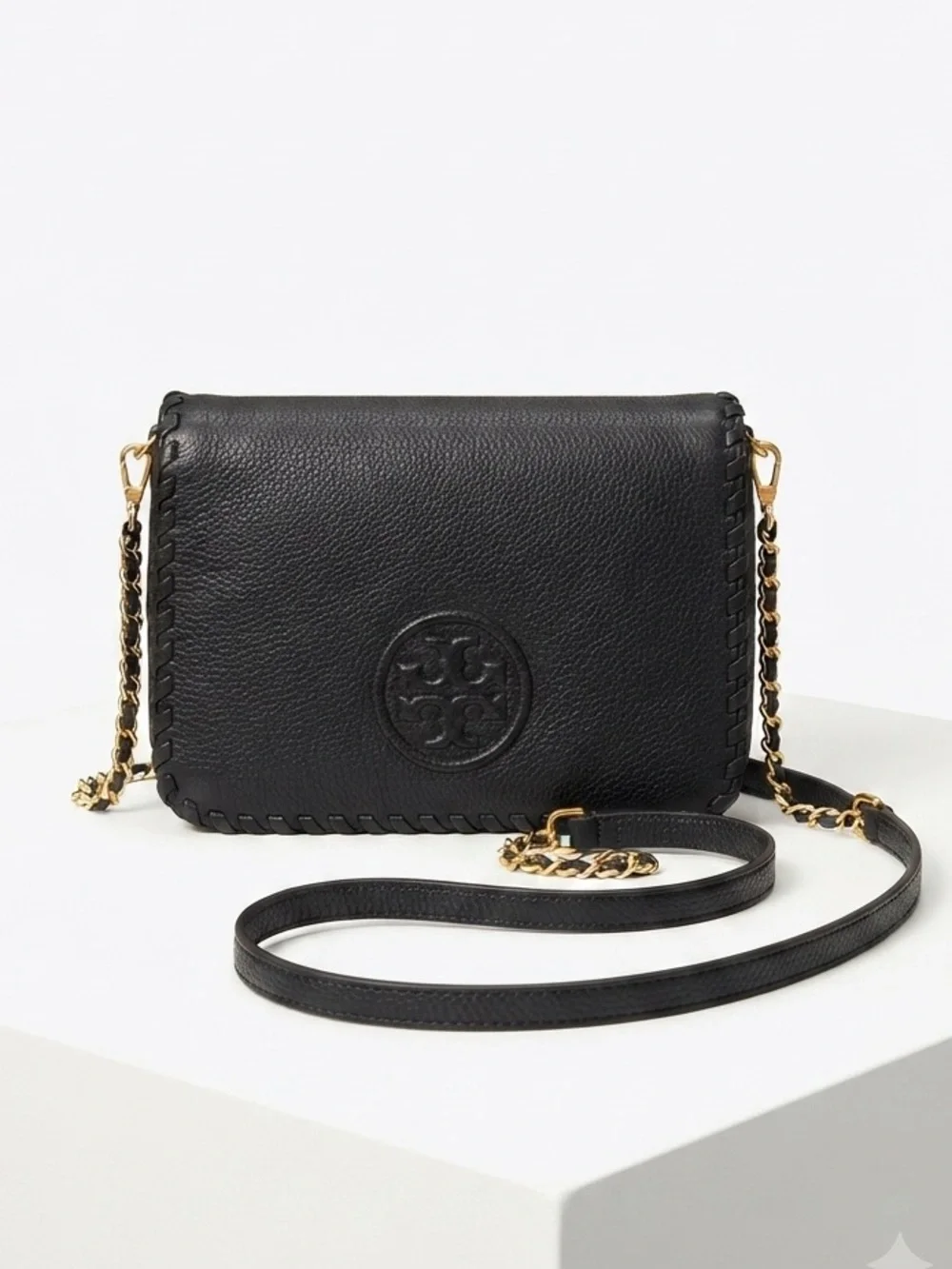 Tory Burch Black Leather Crossbody Bag with Braided Trim & Gold Chain